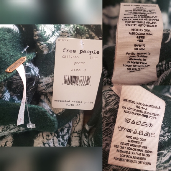 FREE PEOPLE Dress Long Sleeve Mini Sweater Wool Mock Neck Floral Boho Green XS - Picture 5 of 10